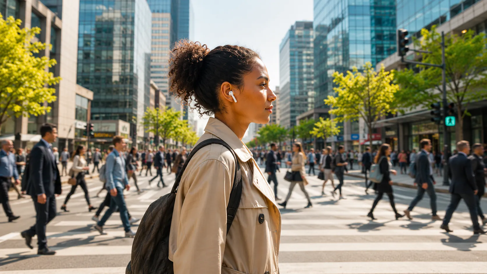 A young woman walking through a busy city crossing